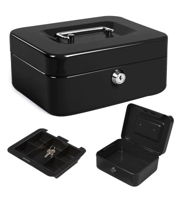 Must võtmega lukustatav metallist rahakarp – 20cm x 16cm x 9cm