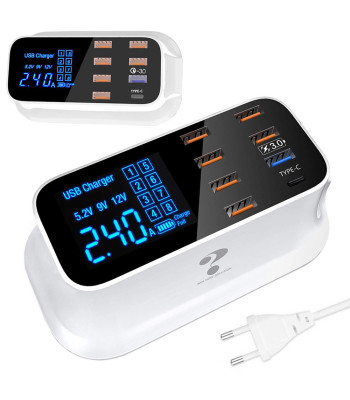 Kiirlaadija telefonidele, 8 USB-porti, USB-C, lauapealne võrgulaadija LED-ekraaniga, QC 3.0, 40W, 14 x 7,5 x 5cm