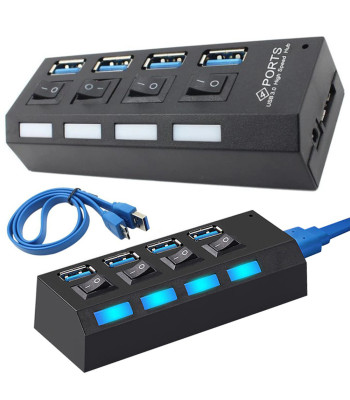 Lülitite ja ülepingekaitsega must USB-jaotur, 4 × USB 3.0