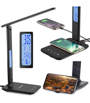 LED-laualamp USB- ja Qi-laadija ning kellaga