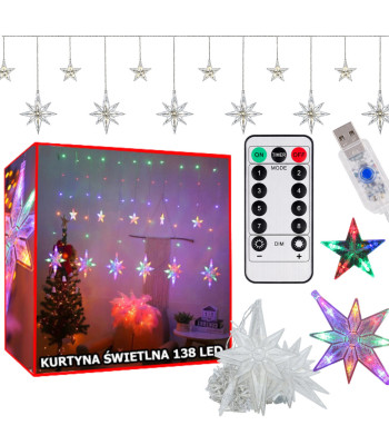 Mitmevärviline tähtedega led-valguskardin puldi ja usb-toitega, 138 led, 3m