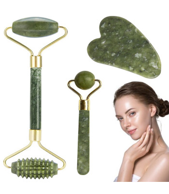 Jadeiidist näomassaažirullikute ja gua sha kivi komplekt