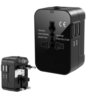 Universaalne reisipistiku adapter UK, USA, EU ja AUS pistikupesadele, 2 USB-porti, must