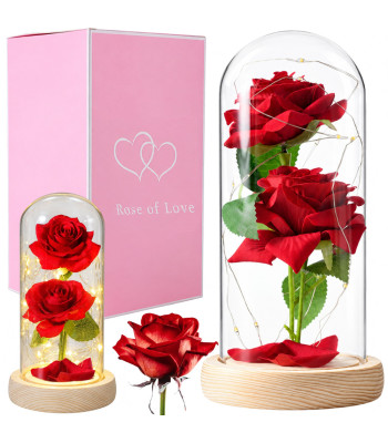Igavesed roosid klaaskuplis sooja led-valgustusega, punased – 21cm
