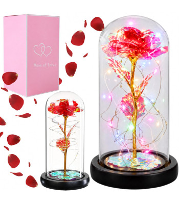 Igavene punakuldne roos klaaskupli all rgb-led-valgustusega – 21cm