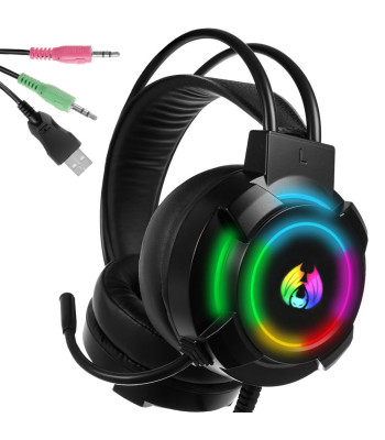 Juhtmega mängurikõrvaklapid RGB LED-valgustuse ja mikrofoniga, 5.1