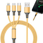 USB-kaabel telefonile, 3-ühes, Lightningi, micro-USB ja Type-C ühendustega, kuldne, 1,2 m