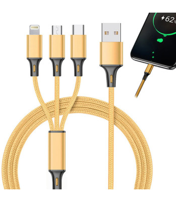 USB-kaabel telefonile, 3-ühes, Lightningi, micro-USB ja Type-C ühendustega, kuldne, 1,2 m