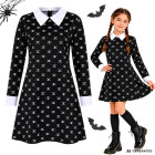 Laste Wednesday Addamsi kostüümkleit Halloweeniks, must-valge, pealuumustriga, 125–135 cm