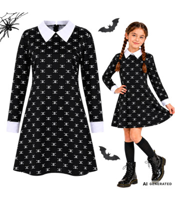 Laste Wednesday Addamsi kostüümkleit Halloweeniks, must-valge, pealuumustriga, 125–135 cm