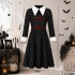 Laste Wednesday Addamsi kostüümkleit Halloweeniks, must-valge, pealuumustriga, 125–135 cm