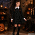 Laste Wednesday Addamsi kostüümkleit Halloweeniks, must-valge, pealuumustriga, 125–135 cm