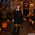 Laste Wednesday Addamsi kostüümkleit Halloweeniks, must-valge, pealuumustriga, 125–135 cm