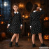 Laste Wednesday Addamsi kostüümkleit Halloweeniks, must-valge, pealuumustriga, 125–135 cm