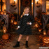 Laste Wednesday Addamsi kostüümkleit Halloweeniks, must-valge, pealuumustriga, 125–135 cm