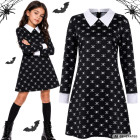 Laste Wednesday Addamsi stiilis Halloweeni kleitkostüüm, must, pealuu- ja luumustriga, 115–125 cm