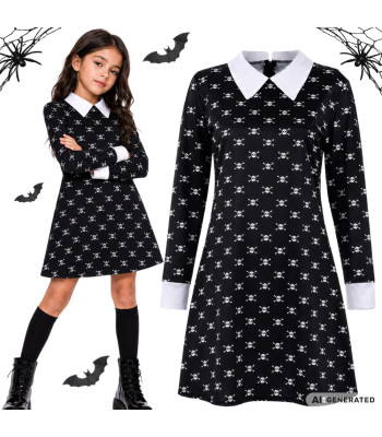 Laste Wednesday Addamsi stiilis Halloweeni kleitkostüüm, must, pealuu- ja luumustriga, 115–125 cm