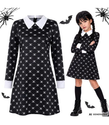 Laste Wednesday Addamsi stiilis Halloweeni kostüümkleit pealuumustriga, 135–145 cm