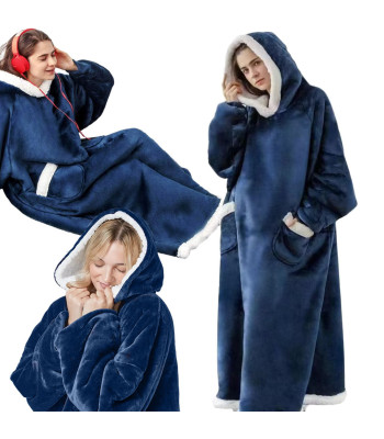 Soe kapuutsiga pleedpusa, oversized, tumesinine, XXL