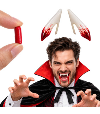 Vampiiri kihvade ja kunstvere kapslite komplekt Halloweeni kostüümile, 25 mm