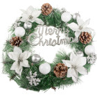 Jõulupärg valgete lillede, hõbedaste kaunistuste ja kirjaga Merry Christmas, 40 cm