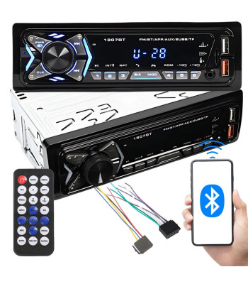 Bluetoothiga autoraadio, USB, AUX, SD, vabakäekomplekt ja pult – 1-DIN