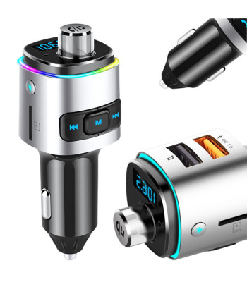 Bluetooth FM-saatja ja kiire autolaadija LED-valgustusega, 2 × USB