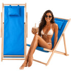 Kokkupandav puidust lamamistool sinise padjaga, reguleeritav – 53,5 × 122 cm