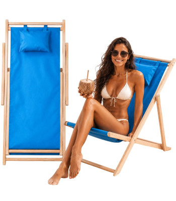 Kokkupandav puidust lamamistool sinise padjaga, reguleeritav – 53,5 × 122 cm
