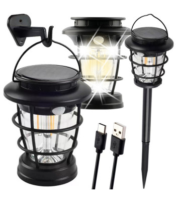 LED-päikeseenergial töötav matka- ja aiavalgusti liikumis- ja hämarusanduriga, USB-laadimisega