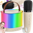 Karaokekomplekt kahe juhtmevaba mikrofoniga, kaasaskantav Bluetooth-kõlar RGB-LED-valgustusega, K52