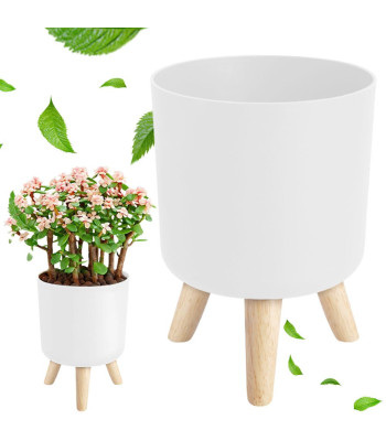 Valge jalgadel lillepott puidust jalgadega, Ø 14 cm