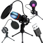 Kardioidne USB-stuudiomikrofon RGB-valgustuse ja statiiviga