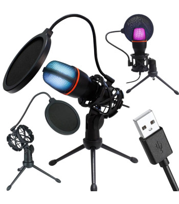 Kardioidne USB-stuudiomikrofon RGB-valgustuse ja statiiviga