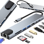 USB-C-jaotur 8-ühes HDMI, USB-A, USB-C, SD/TF ja RJ45 – 15,3 × 3,2 × 1,1 cm