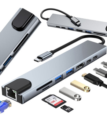 USB-C-jaotur 8-ühes HDMI, USB-A, USB-C, SD/TF ja RJ45 – 15,3 × 3,2 × 1,1 cm
