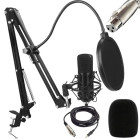 XLR-kondensaatorstuudiomikrofon kardioidse suunadiagrammiga, statiiv ja pop-filter