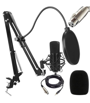 XLR-kondensaatorstuudiomikrofon kardioidse suunadiagrammiga, statiiv ja pop-filter