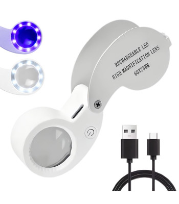 Kokkupandav LED- ja UV-valgustusega juveeliluup, USB-laetav, lugemiseks, 60X