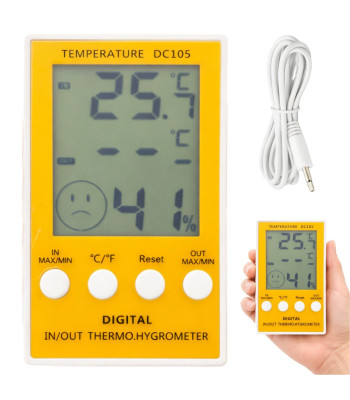 Digitaalne termomeeter-hügromeeter LCD-ekraani ja sondiga, kollane-valge, 6 × 10 cm