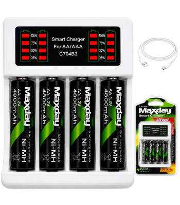 Maxday akulaadija LED-laadimisnäidiku ja USB-C-kaabliga, komplektis 4 akut, AA/AAA