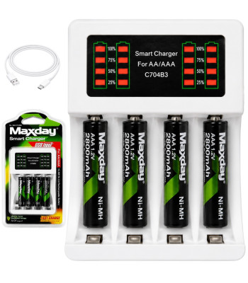 Akulaadija Maxday AA/AAA, LED-indikaatori ja USB-C ühendusega, komplektis 4 AAA-akut