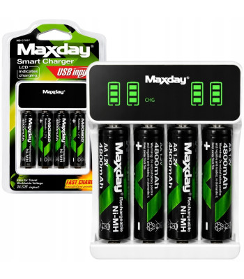 Maxday LCD-ekraaniga akulaadija, 4 AA-akut ja USB-C-kaabel, AA/AAA