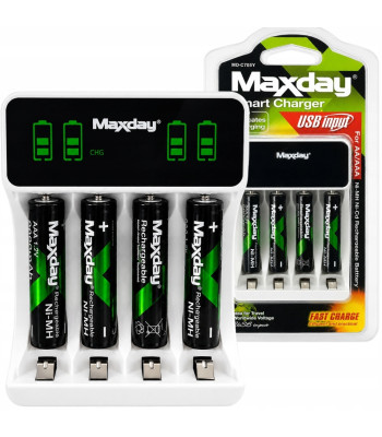 Maxday akulaadija LCD-ekraaniga, 4 AAA-akut ja USB-C-kaabel – AA/AAA