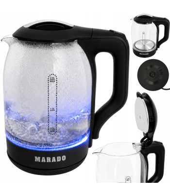 Klaasist elektriline veekeetja LED-valgustusega, vaikne ja juhtmeta, 1500 W, 2 l