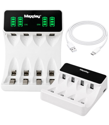 Maxday AA/AAA akulaadija, USB-C, LCD-ekraan, 4 pesa, kiire laadimine, C704Y4, 8,6cm x 6,8cm x 2,7cm