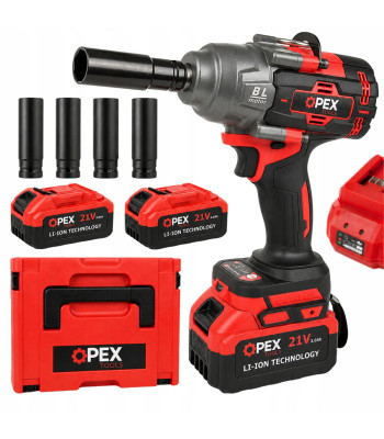 Akutoitega harjadeta löökmutrikeeraja OPEX TOOLS, 1000 Nm, 2 × 3,0 Ah akut, padrunid ja kohver – OPX28039, 21 V