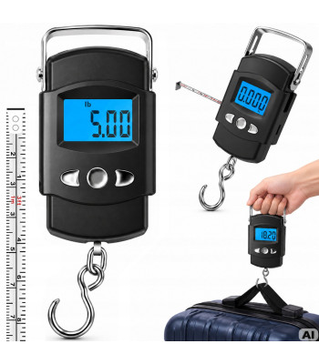Digitaalne rippkaal pagasi ja kalade kaalumiseks, mõõdulindiga – 50 kg, 5/10 g, 100 cm, LCD, TARE, LOCK