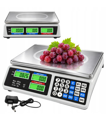Elektrooniline hinnakalkulatsiooniga kaupluskaal LCD-ekraaniga, akutoitega, 40 kg / 2 g