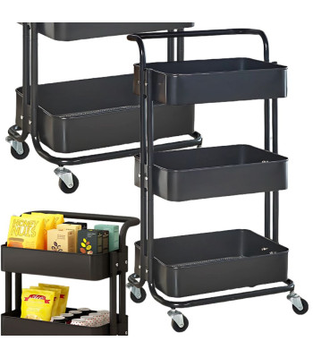 Kolmetasandiline metallist riiul-käru ratastel, must, 76 × 43 × 36 cm